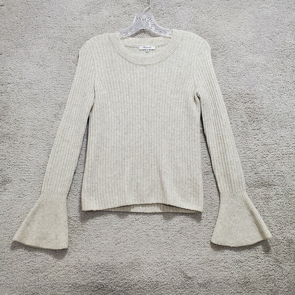 Madewell Sweater Women's 2XS Ivory  Ruffle-Cuff Cottagecore Soft Ribbed Preppy‎